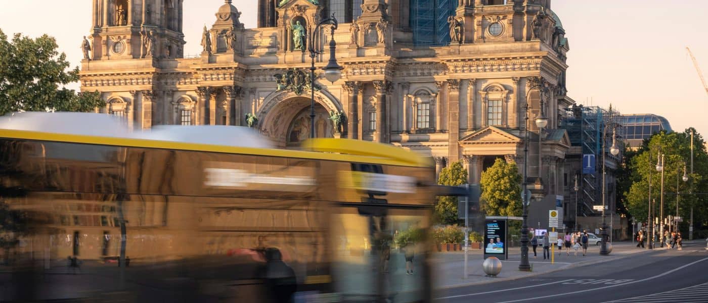 BVG bus passing the Berliner Dom cathedral